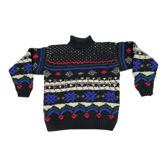 Vintage 80's GAP Men's Wool XL Black Red Green Gray Ivory Fair Isle Sweater - Picture 2 of 14